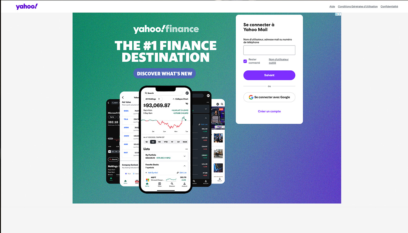 Yahoo Mail ouvrir une session, — interface de l'application Yahoo Mail sur smartphone